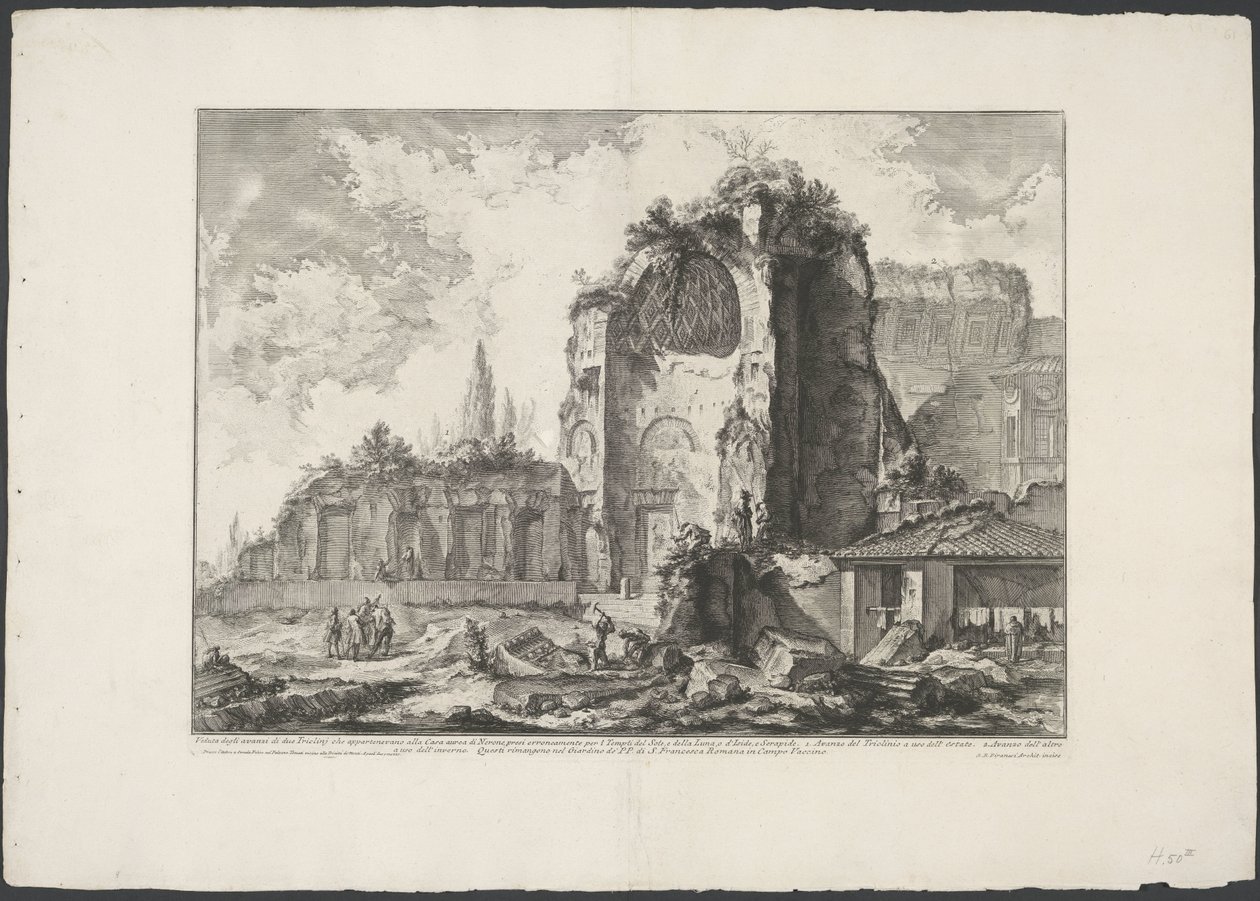 Tempel van Venus en Roma i Rom Udsigt over resterne af to Triclini, der tilhørte Neros Gyldne Hus (...) (titel på objektet) Gezichten op Rom (serietitel) Udsigt over Rom designet og indgraveret af Giambattista Piranesi-arkitekten Ve (nez) iano af Giovanni Battista Piranesi