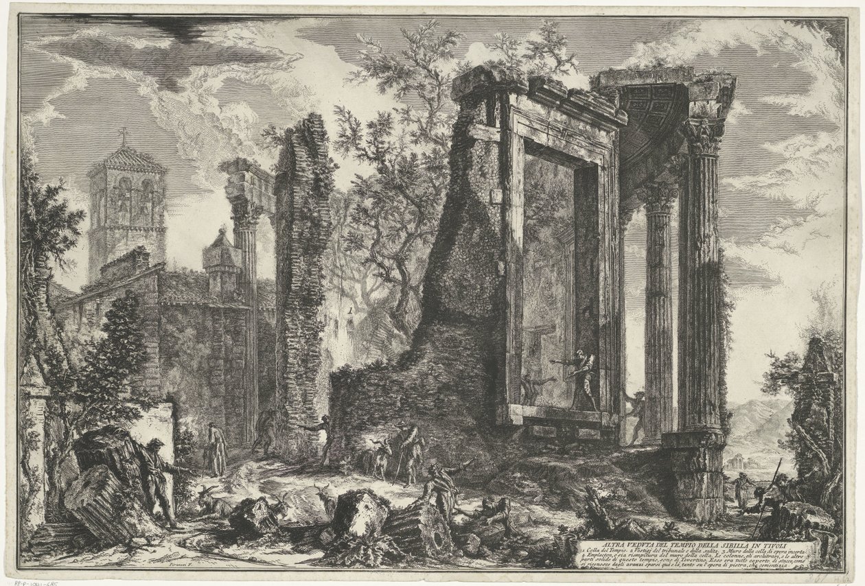 Tempel van Vesta en de Tempel van de Tiburtijnse Sibille i Tivoli En anden udsigt over Sibyllens tempel i Tivoli (titel på objektet) Gezichten op Rom (serietitel) Udsigt over Rom designet og indgraveret af Giambattista Piranesi-arkitekten Ve (nez) iano (se af Giovanni Battista Piranesi