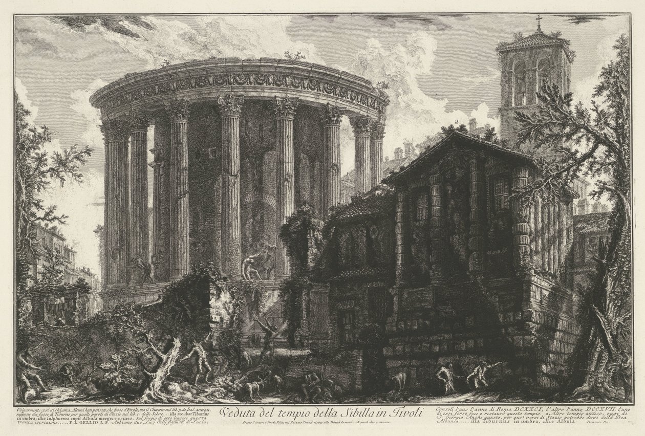 Tempel van Vesta en de Tempel van de Tiburtijnse Sibille i Tivoli Udsigt over Sibyllens tempel i Tivoli (titel på objektet) Gezichten op Rom (serietitel) Udsigt over Rom designet og indgraveret af Giambattista Piranesi-arkitekten Ve (nez) iano (serie ti af Giovanni Battista Piranesi