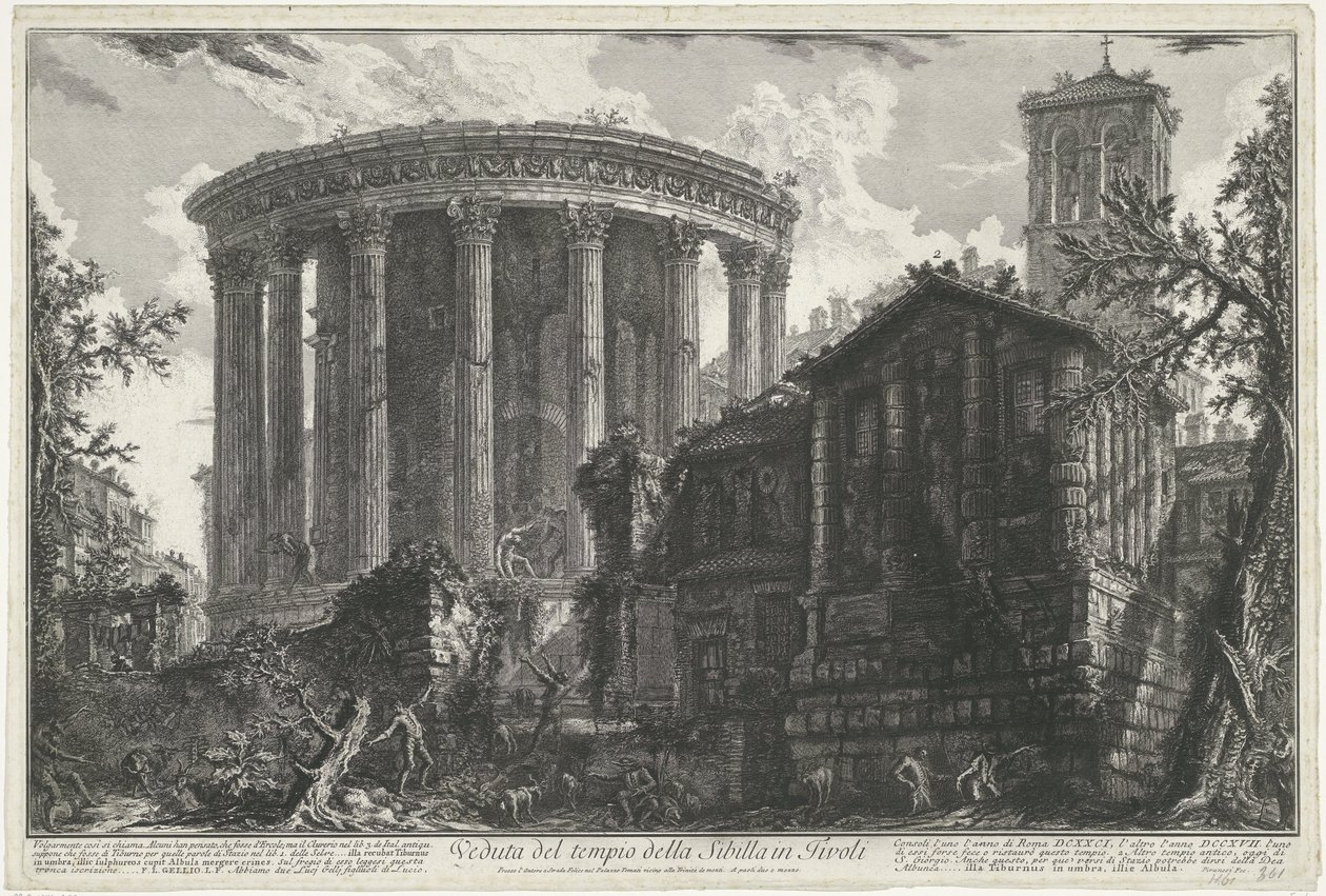 Tempel van Vesta en de Tempel van de Tiburtijnse Sibille i Tivoli Udsigt over Sibyllens tempel i Tivoli (titel på objektet) Gezichten op Rom (serietitel) Udsigt over Rom designet og indgraveret af Giambattista Piranesi-arkitekten Ve (nez) iano (serie ti af Giovanni Battista Piranesi