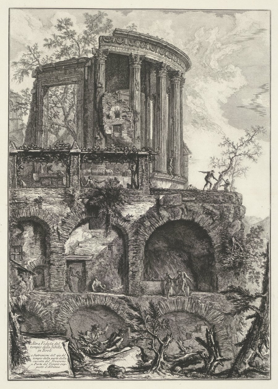 Tempel van Vesta te Tivoli En anden udsigt over Sibylltemplet i Tivoli (titel på objekt) Gezichten op Rom (serietitel) Udsigt over Rom designet og indgraveret af Giambattista Piranesi-arkitekten Ve (nez) iano (serietitel) af Giovanni Battista Piranesi