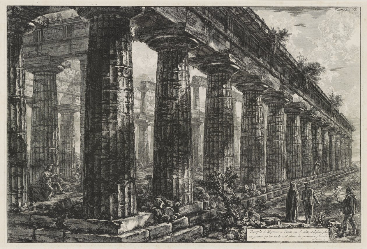 Neptuns tempel i Paestum, set fra siden og tegnet i større målestok, end det ses på den første tavle, fra Différentes vues de ... Pesto (Differen af Giovanni Battista Piranesi