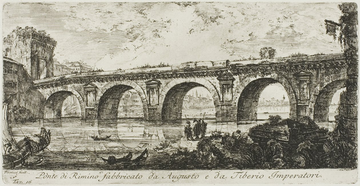 Broen i Rimini bygget af kejserne Augustus og Tiberius, plade 16 fra nogle udsigter over triumfbuer og andre monumenter af Giovanni Battista Piranesi