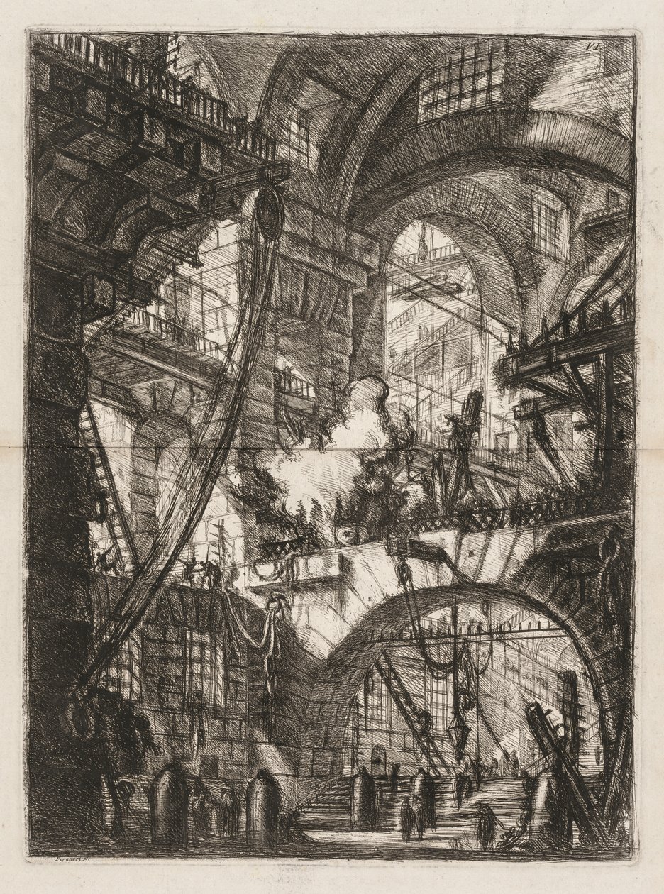 Fængslerne: Et perspektiv på buer med en rygende ild i midten af Giovanni Battista Piranesi