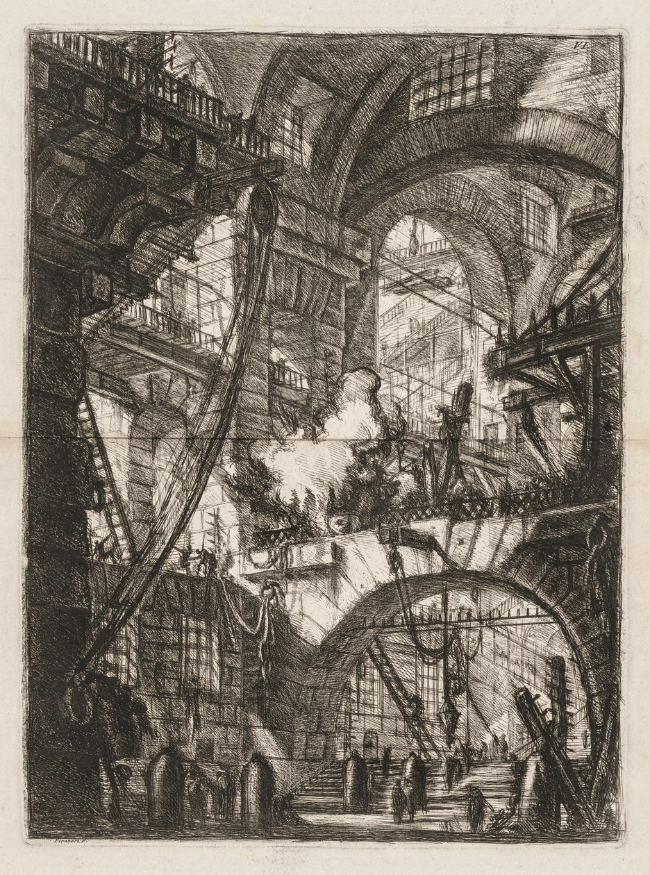 Fængslerne: Et perspektiv på buer med en rygende ild i midten. af Giovanni Battista Piranesi