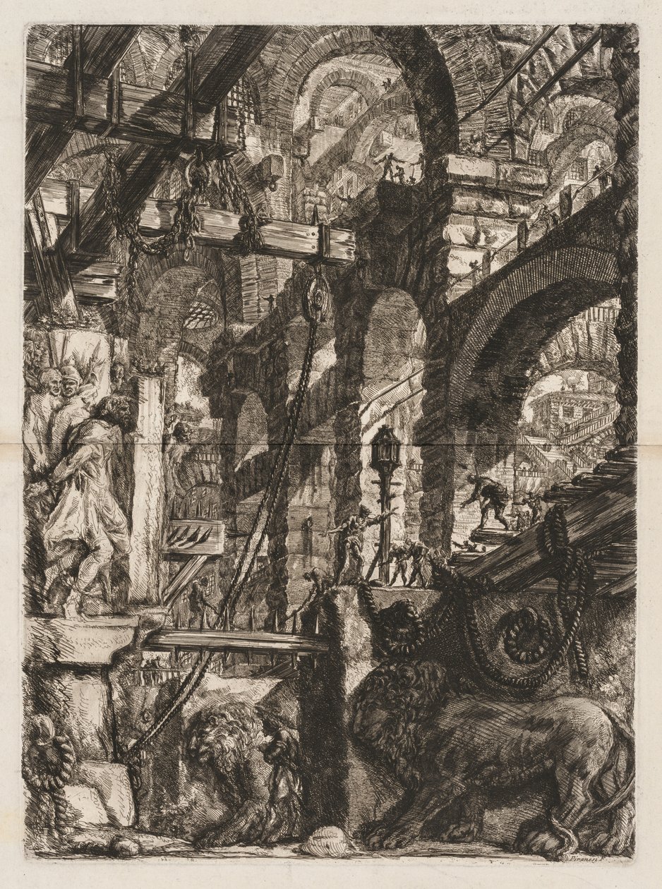 Fængslerne: Et perspektiv på romerske buer, med to løver udskåret i relief..., 1745-50. af Giovanni Battista Piranesi