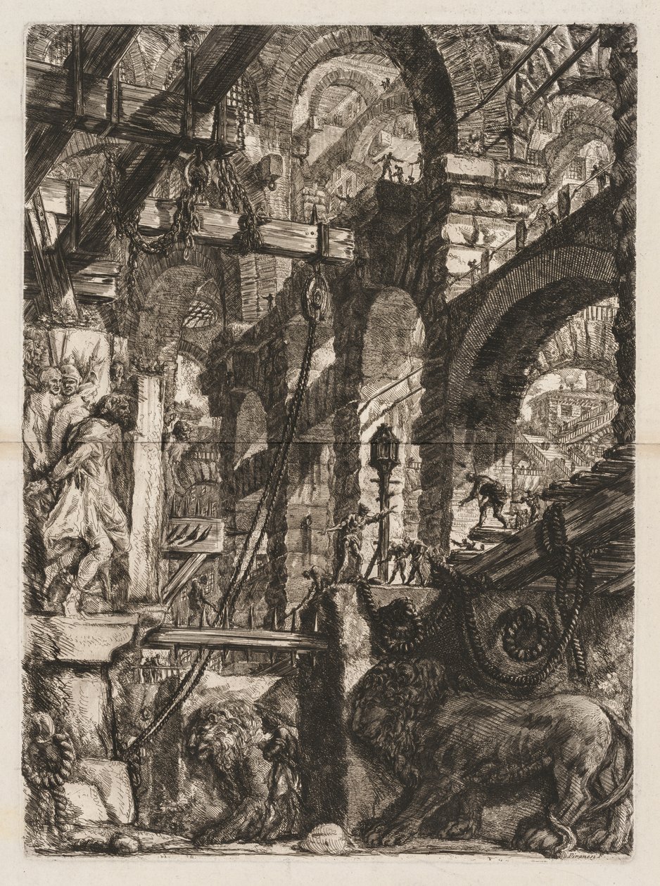 The Prisons: A Perspective of Roman Arches, med to løver udskåret i relief på stenplader i forgrunden af Giovanni Battista Piranesi