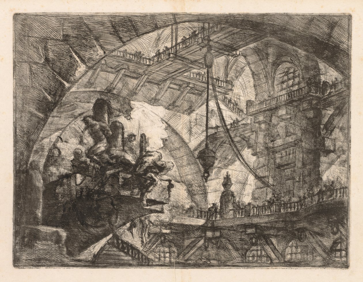 Fængslerne: Et stort galleri med en gruppe fanger af Giovanni Battista Piranesi