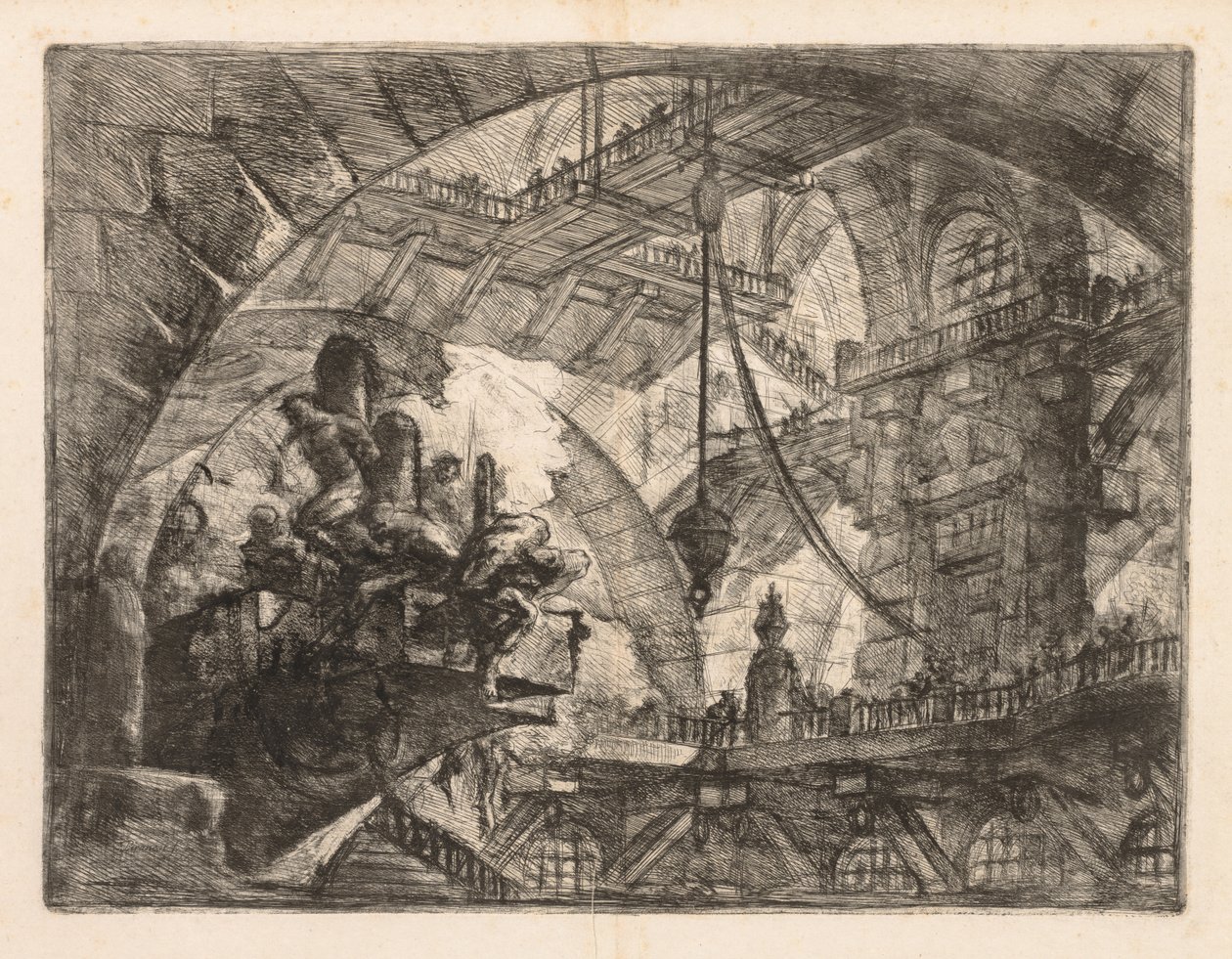 Fængslerne: Et stort galleri med en gruppe fanger, 1745-1750. af Giovanni Battista Piranesi