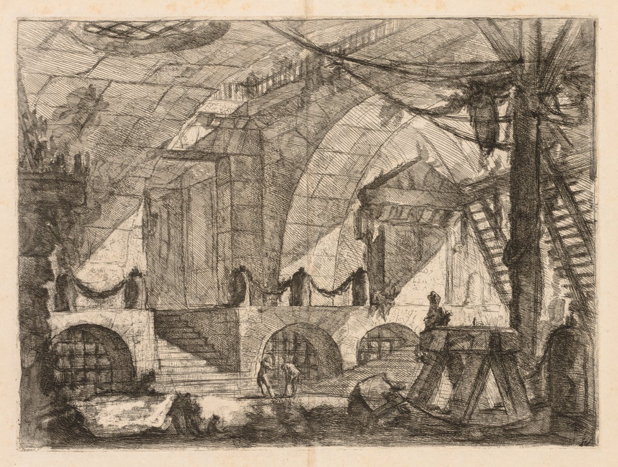 Fængslerne: Et buet kammer med stolper og lænker af Giovanni Battista Piranesi