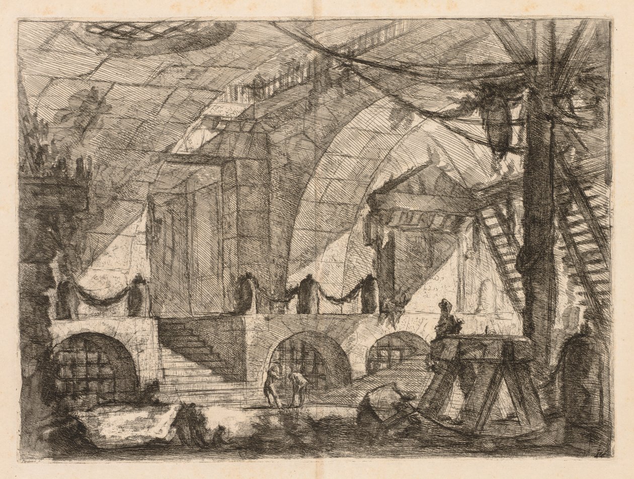 Fængslerne: Et buet kammer med stolper og kæder, 1745-1750. af Giovanni Battista Piranesi