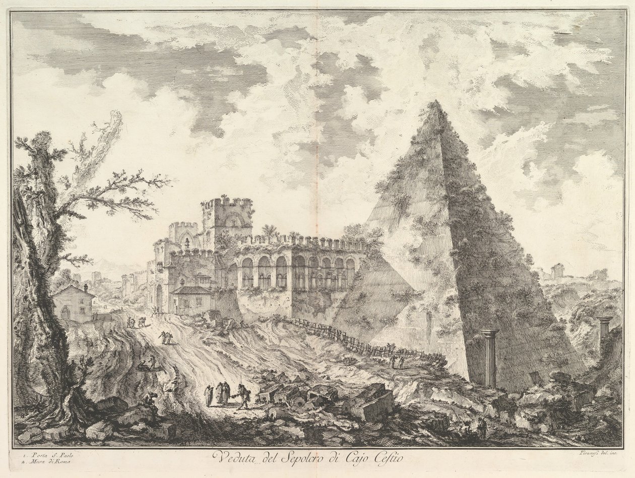 Caius Cestius-pyramiden med Porta S. Paolo og den tilstødende vej Veduta del S..., ca. 1755. af Giovanni Battista Piranesi