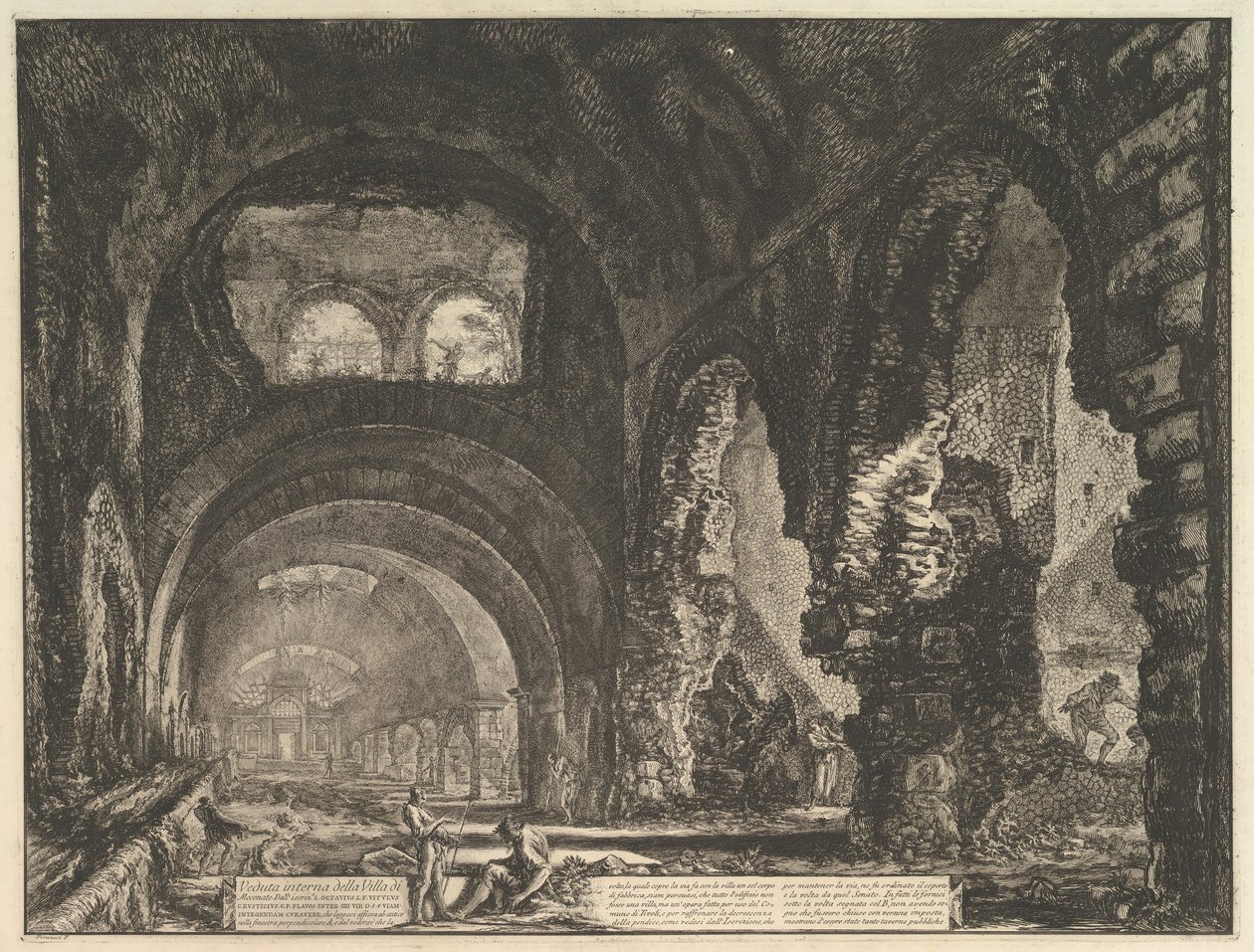 Den såkaldte Maecenas Villa i Tivoli. Interiør med to figurer i åbningen af..., ca. 1764. af Giovanni-Battista Piranesi