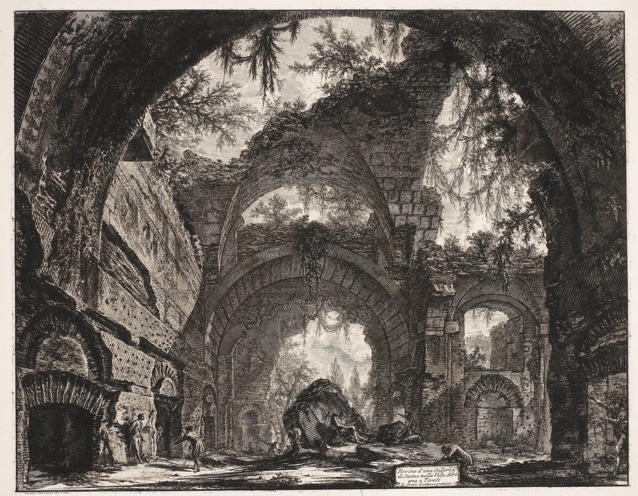 Thermen i de Villa Adriana t og Tivoli Ruinerne af et galleri med statuer i Hadrians villa i Tivoli (titel på objektet) Gezichten op Rom (serietitel) Udsigt over Rom designet og indgraveret af Giambattista Piranesi-arkitekten Ve (nez) iano (serietitel) af Giovanni Battista Piranesi