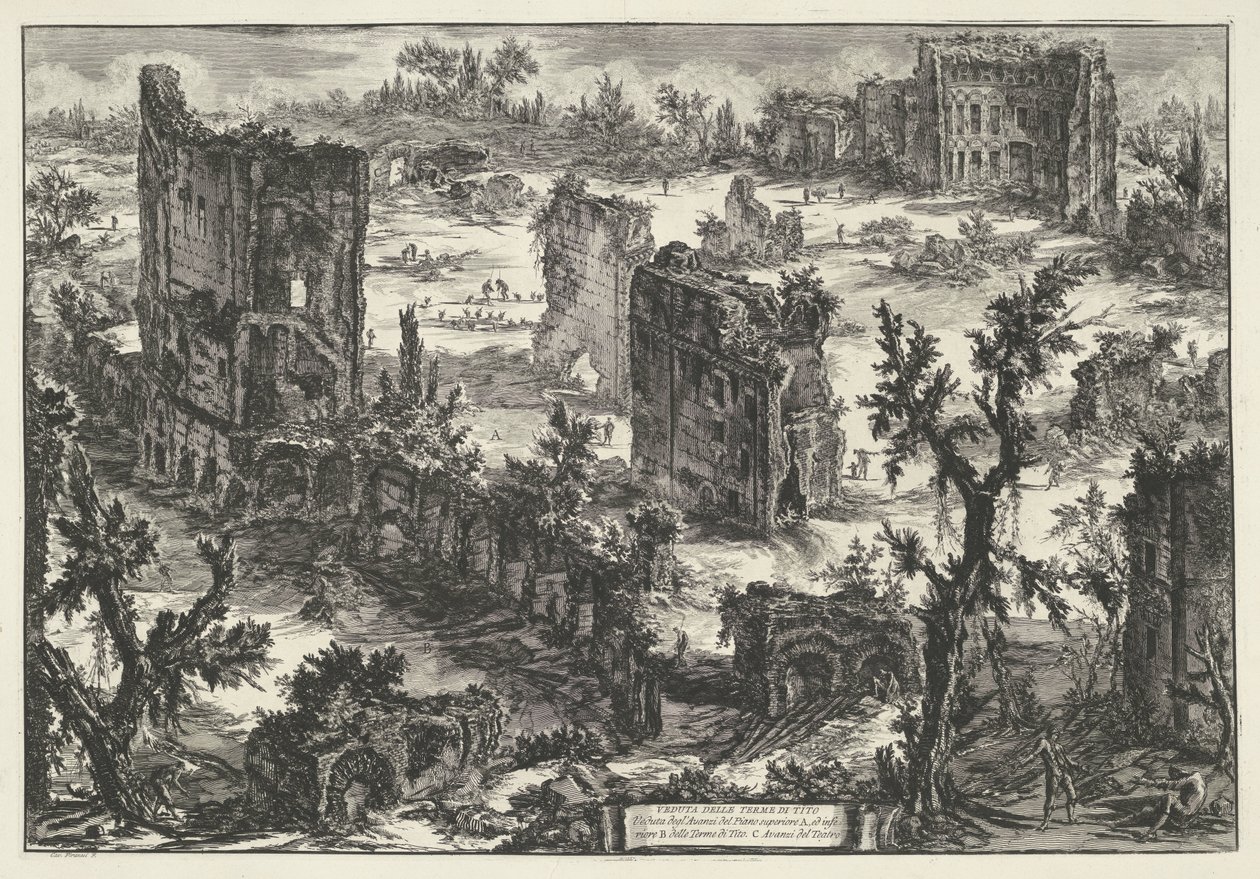 Thermen van Trajanus te Rom Udsigt over Terme di Tito (...) (titel på objekt) Gezichten op Rom (serietitel) Udsigt over Rom designet og indgraveret af Giambattista Piranesi-arkitekten Ve (nez) iano (serietitel) af Giovanni Battista Piranesi