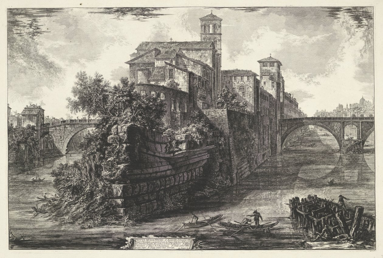 Tibereiland te Rom Udsigt over Tiberøen (titel på objekt) Gezichten op Rom (serietitel) Udsigt over Rom designet og indgraveret af Giambattista Piranesi-arkitekten Ve (nez) iano (serietitel) af Giovanni Battista Piranesi