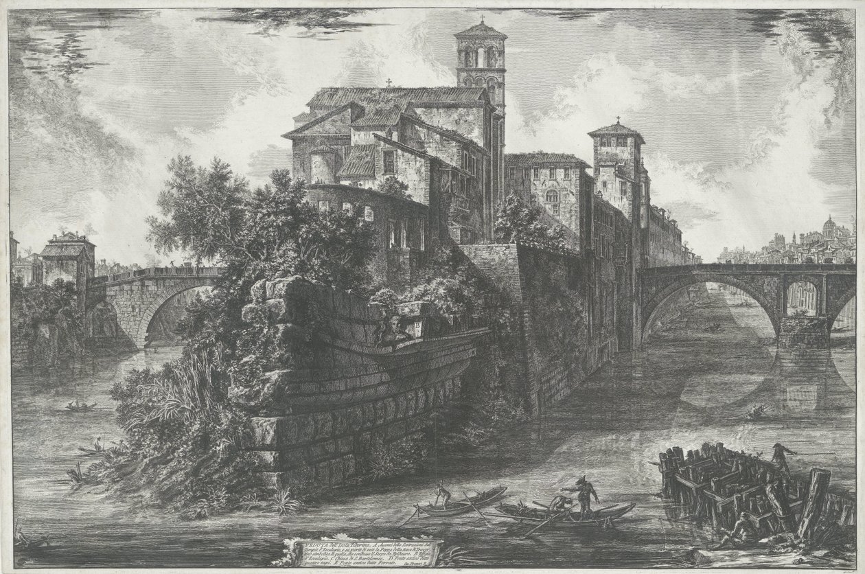 Tibereiland te Rom Udsigt over Tiberøen (titel på objekt) Gezichten op Rom (serietitel) Udsigt over Rom designet og indgraveret af Giambattista Piranesi-arkitekten Ve (nez) iano (serietitel) af Giovanni Battista Piranesi