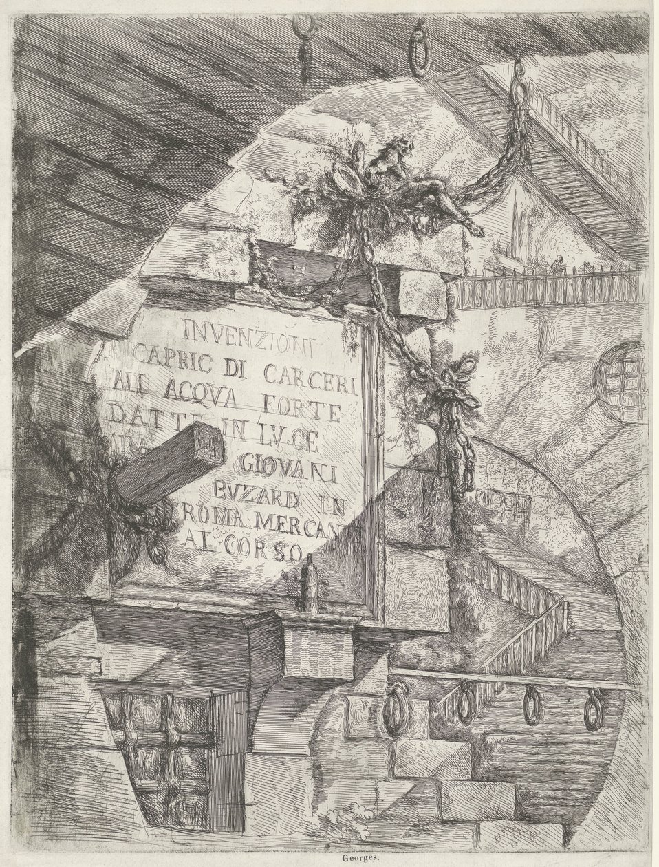 Titelprint med ansigt i fangehul og titel på væg Dungeons (serietitel) Invenzioni Capric di Carceri all Acqua Forte (serietitel på objekt) af Giovanni Battista Piranesi