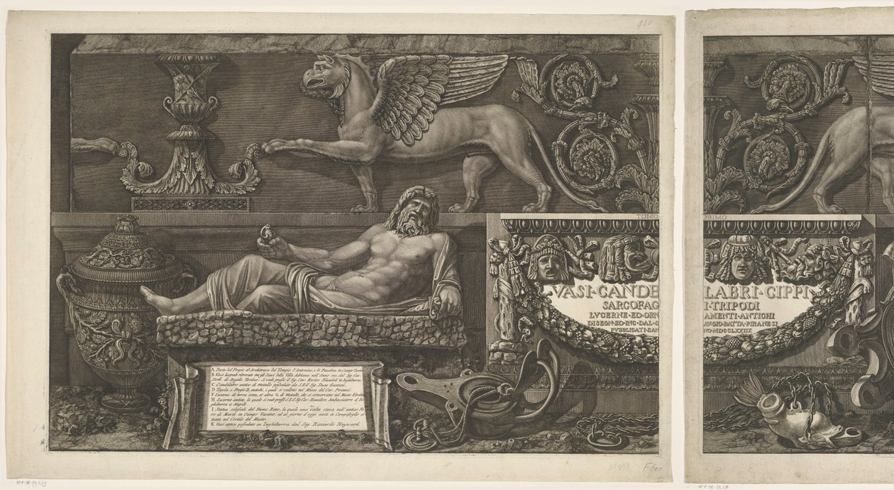 Titeltryk med skulpturer, udskårne relieffer og en sarkofag med titel Vaser, lysestager, gravsten, sarkofager, stativer, lamper og ornamenter designet og indgraveret af Giovanni Battista Piranesi (serietitel) Vasi, candelabri, cippi, sarkofag af Giovanni Battista Piranesi