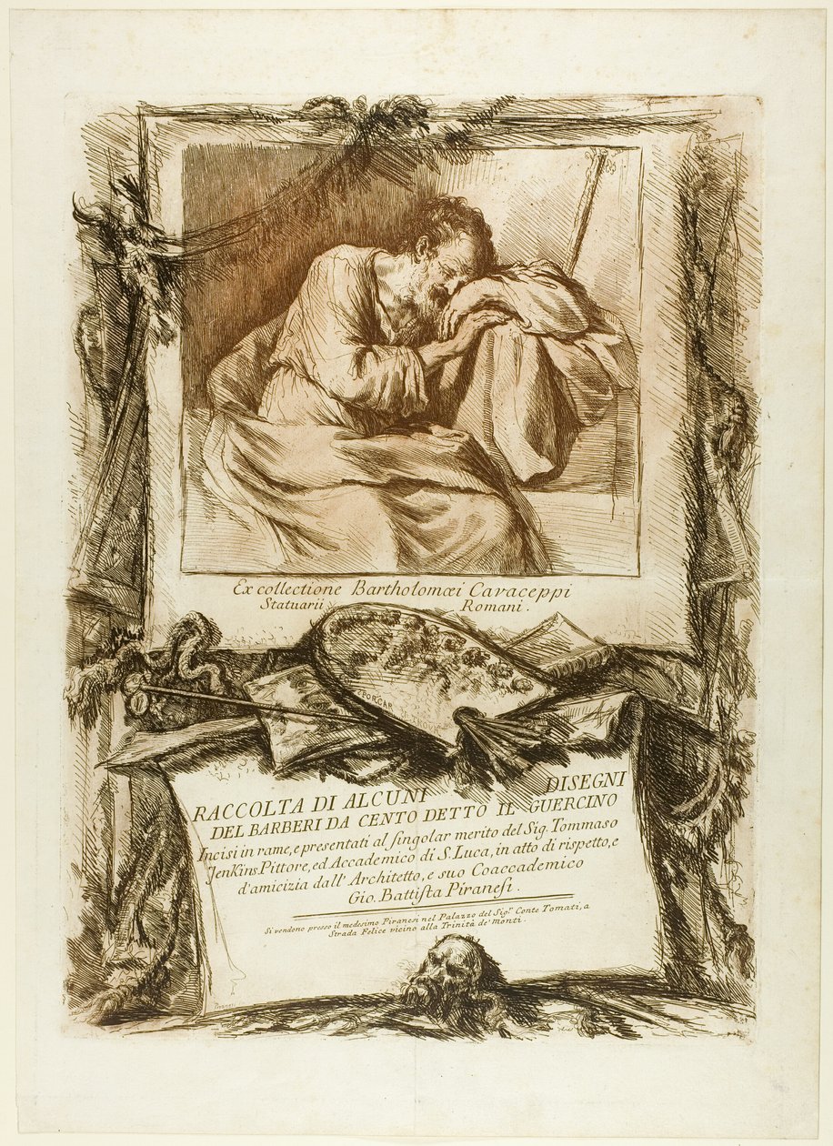 Titelside: Samling af flere tegninger indgraveret efter Barbieri da Cento (kendt som Guercino) indgraveret på kobber og præsenteret for Thomas Jenkins, maler og medlem af Academy of St. Luke, af respekt og venskab fra hans kollega, buen af Giovanni Battista Piranesi