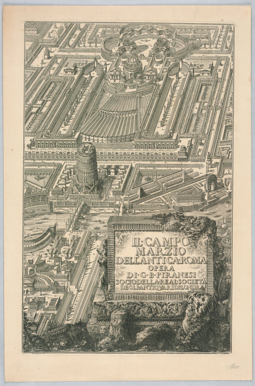 Titelside, "The Campo Marzio i det antikke Rom," fra del 20 af "The Complete Works of Giovanni Battista Piranesi" af Giovanni Battista Piranesi