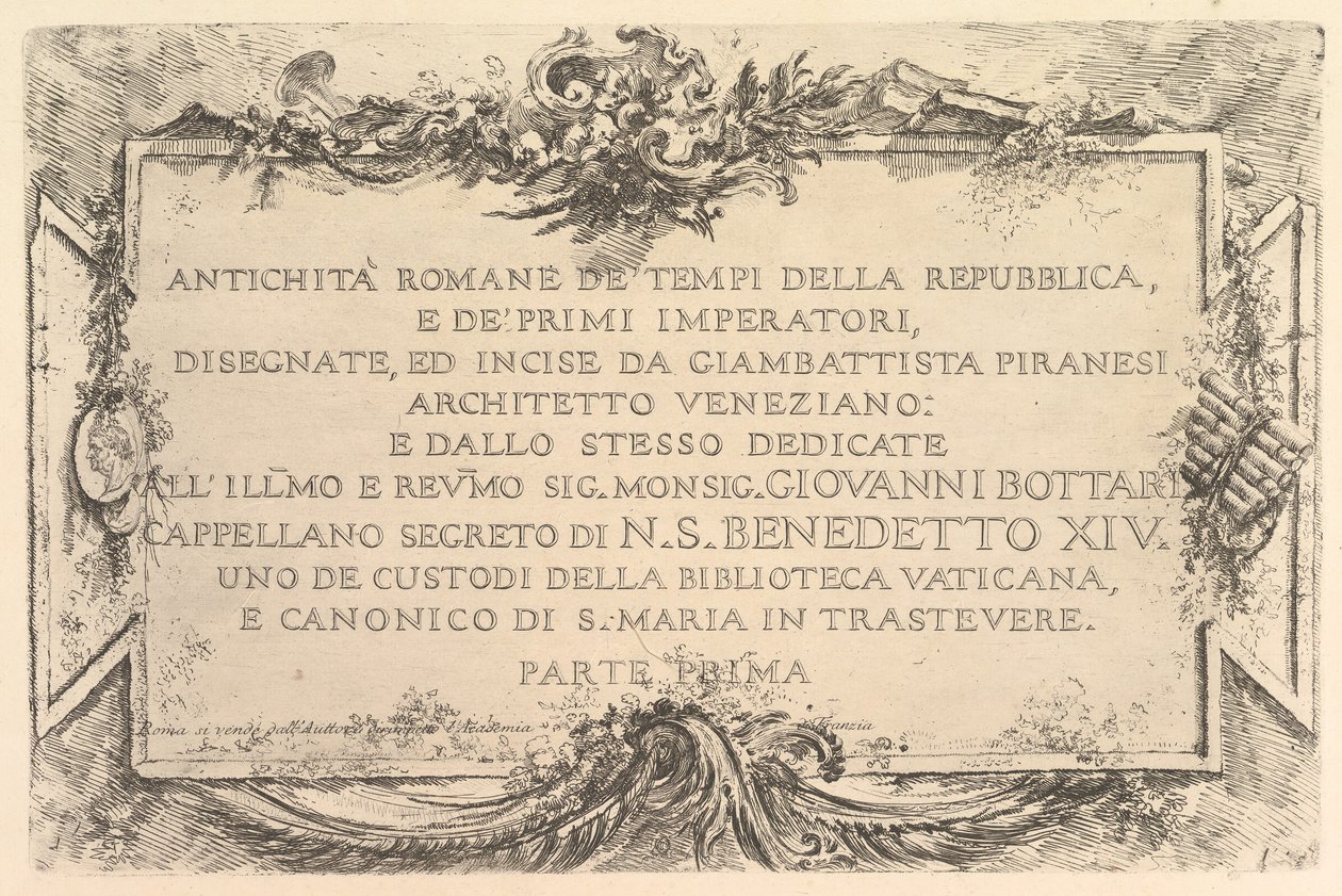 Titelside: Romersk oldtid fra republikkens tid og de første kejsere Antich..., ca. 1748. af Giovanni Battista Piranesi