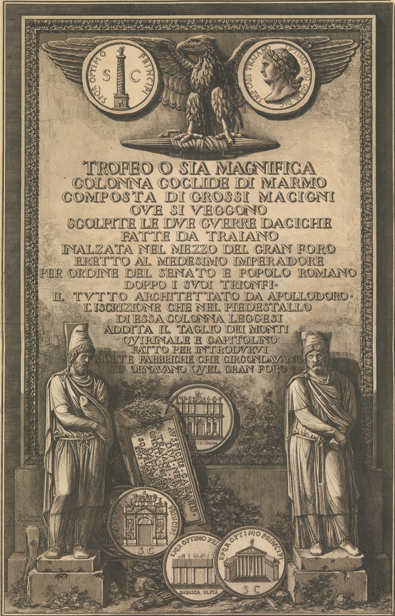 Titelblad med ørn, mønt med billede af Trajans søjle, klassiske skulpturer, 1774-79. af Giovanni Battista Piranesi