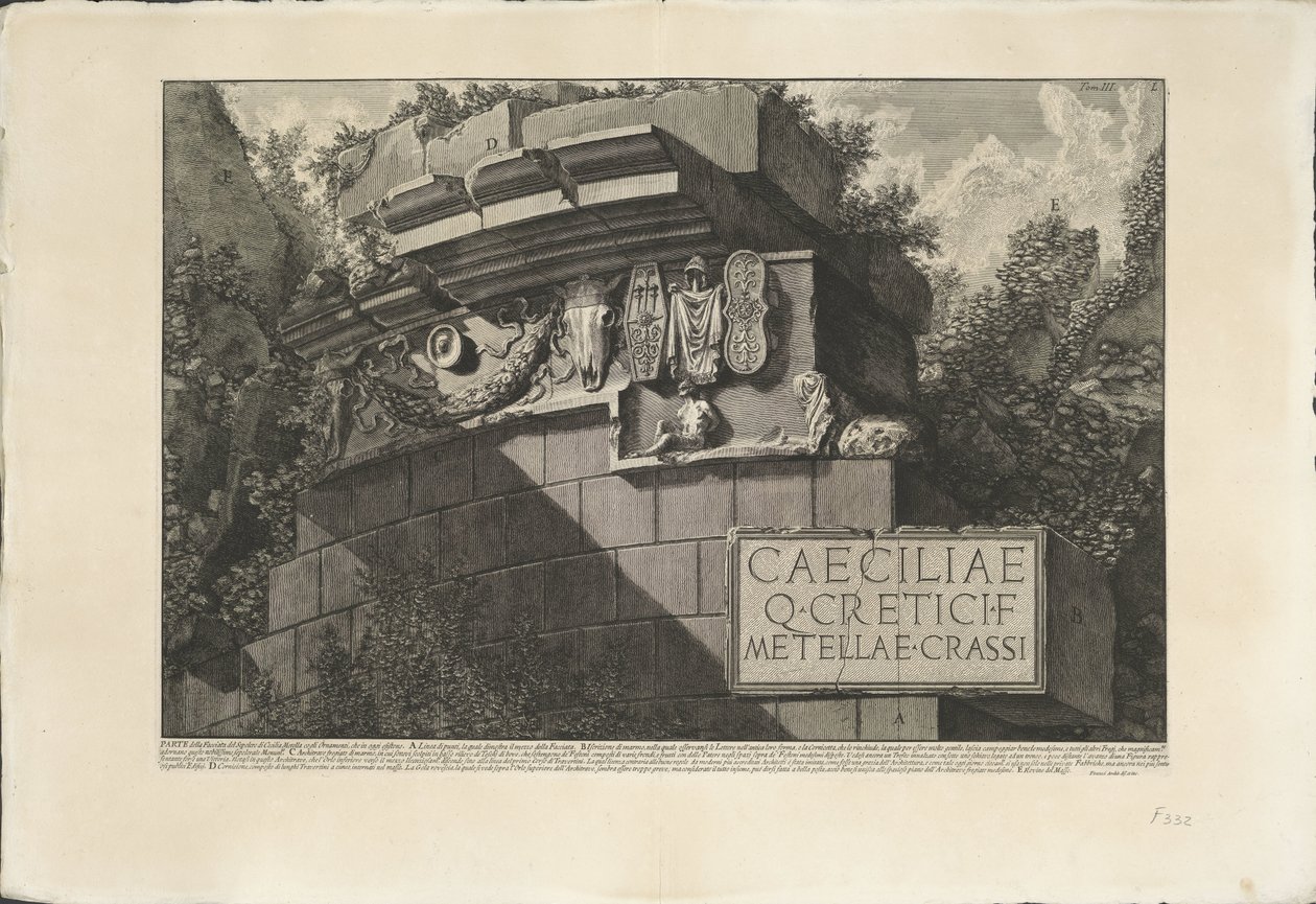 Tombe van Caecilia Metella te Rom En del af facaden af ​​Cecilia Metellas grav med de ornamenter, som eksisterer i dag (titel på objekt) Archeologische vondsten in en rond Rome (serietitel) Romerske antikviteter (serietitel) af Giovanni Battista Piranesi
