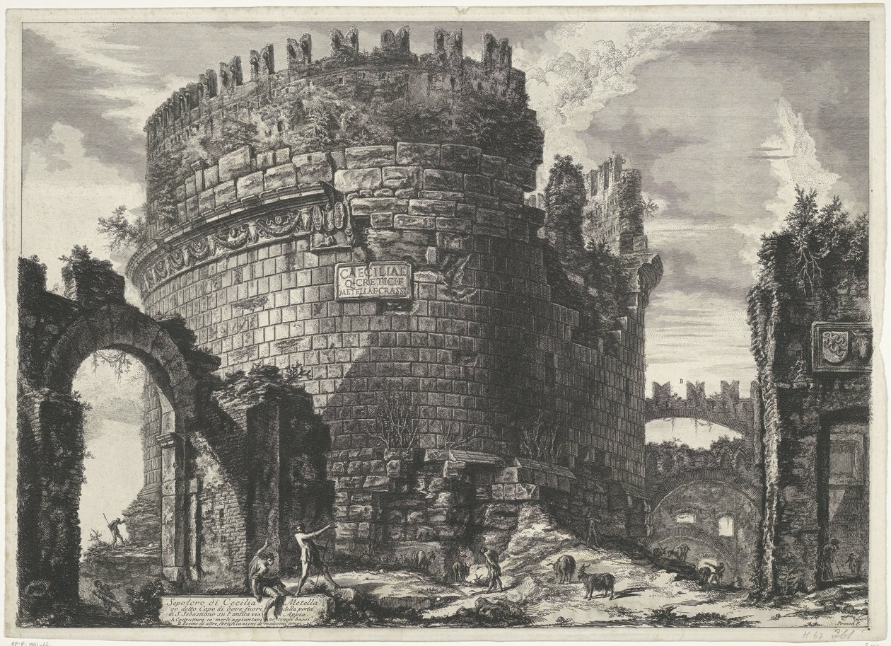Tombe van Caecilia Metella te Rom Cecilia Metells grav (...) (titel på objekt) Gezichten op Rom (serietitel) Udsigt over Rom designet og indgraveret af Giambattista Piranesi-arkitekten Ve (nez) iano (serietitel) af Giovanni Battista Piranesi