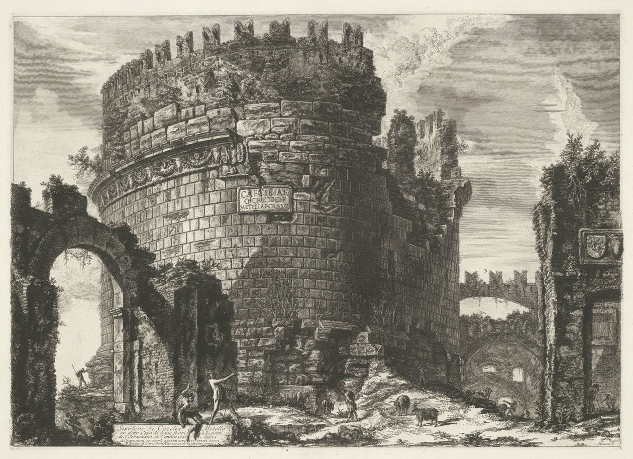 Tombe van Caecilia Metella te Rom Cecilia Metellas grav (...) (titel på objektet) Gezichten op Rom (serietitel) Udsigt over Rom designet og indgraveret af Giambattista Piranesi-arkitekten Ve (nez) iano (serietitel) af Giovanni Battista Piranesi