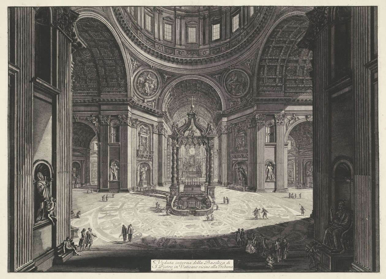 Transept van de Sint-Pietersbasiliek te Vaticaanstad Indvendigt billede af Peterskirken i Vatikanet nær Tribuna (titel på objektet) Gezichten op Rom (serietitel) Udsigt over Rom designet og indgraveret af Giambattista Piranesi-arkitekten Ve ( af Giovanni Battista Piranesi