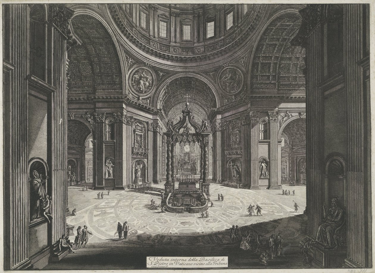 Transept van de Sint-Pietersbasiliek te Vaticaanstad Indvendigt billede af Peterskirken i Vatikanet nær Tribuna (titel på objektet) Gezichten op Rom (serietitel) Udsigt over Rom designet og indgraveret af Giambattista Piranesi-arkitekten Ve ( af Giovanni Battista Piranesi