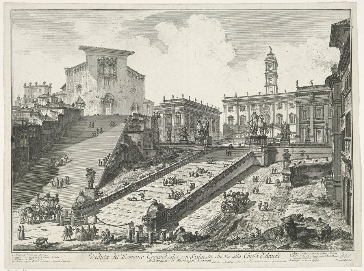 Trappen til Piazza del Campidoglio en de Santa Maria i Aracoeli te Rom Udsigt over den romerske Campidoglio med trappe, der fører til Araceli-kirken (titel på objektet) Gezichten op Rom (serietitel) Udsigt over Rom designet og indgraveret af Giambattista P af Giovanni Battista Piranesi