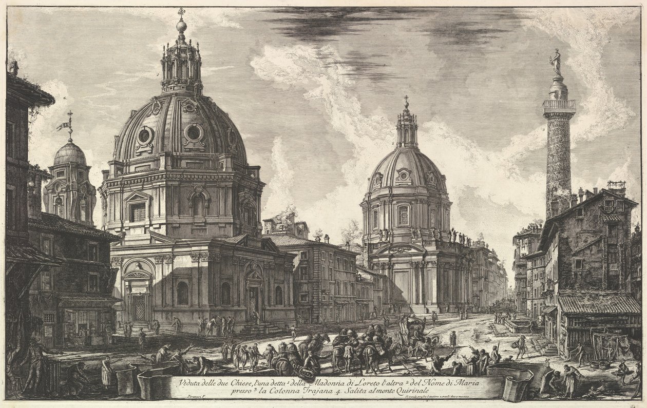 To kirker nær Trajans søjle, S. Maria di Loreto og Santissimo Nome di Maria Ve ..., ca. 1762. af Giovanni Battista Piranesi