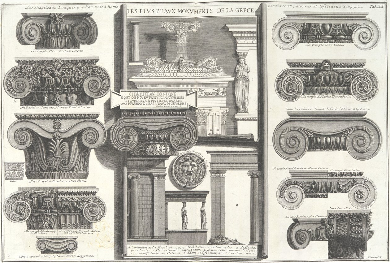 Forskellige romerske ioniske hovedstæder sammenlignet med græske eksempler..., midten af 1700-tallet. af Giovanni Battista Piranesi