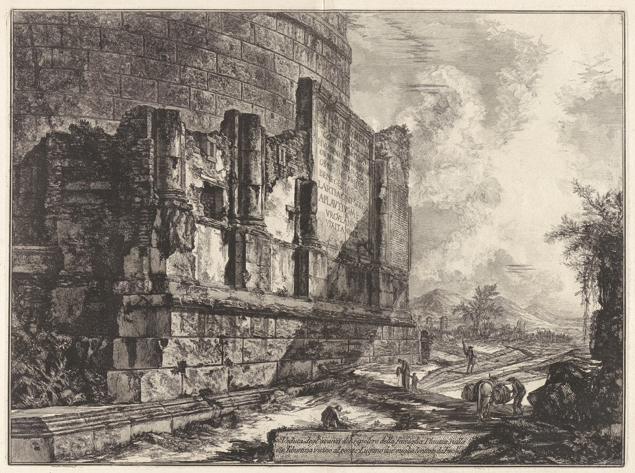 Udsigt over resterne af Plautia-familiens gravmæle på Via Tiburtina nær Ponte Lugano, to mil fra Tivoli, fra Vedute di af Giovanni Battista Piranesi