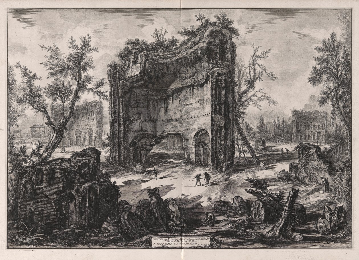 Udsigt over resterne af bygningerne på anden sal i Titus-badene, fra Vedute di Roma (Udsigt over Rom) af Giovanni Battista Piranesi