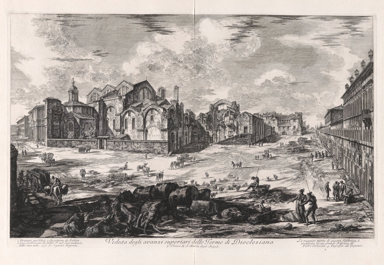 Udsigt over de øvre ruiner af Diocletians bade [fjern udsigt, der viser kirken Santa Maria degli Angeli]), fra Vedute di Roma (Udsigt over Rom) af Giovanni Battista Piranesi