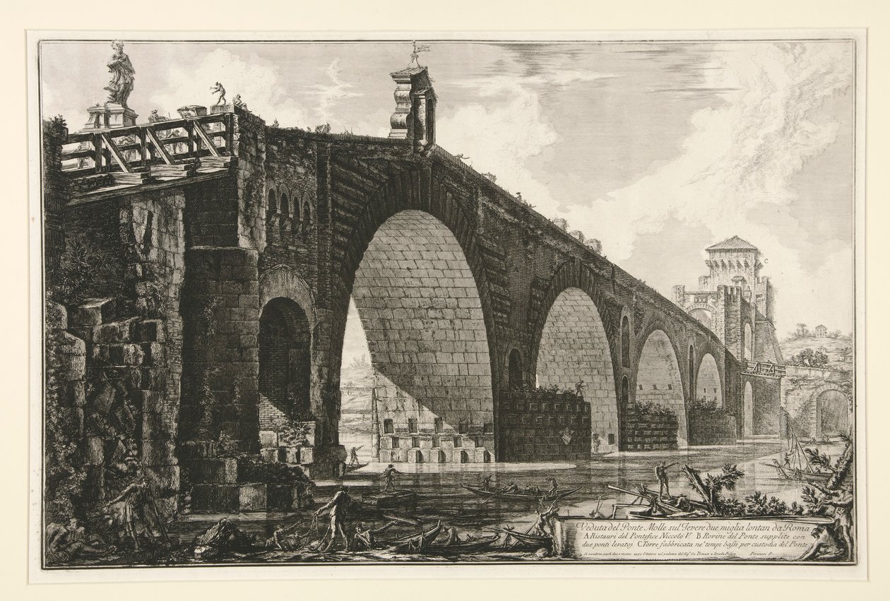 Udsigt over Milvian Bridge over Tiberen to miles uden for Rom, fra Vedute di Roma af Giovanni Battista Piranesi