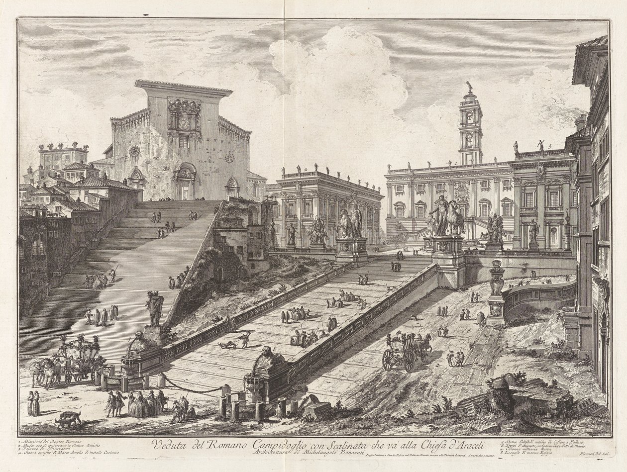 Udsigt over den romerske Campidoglio med trappe, der går af Giovanni Battista Piranesi