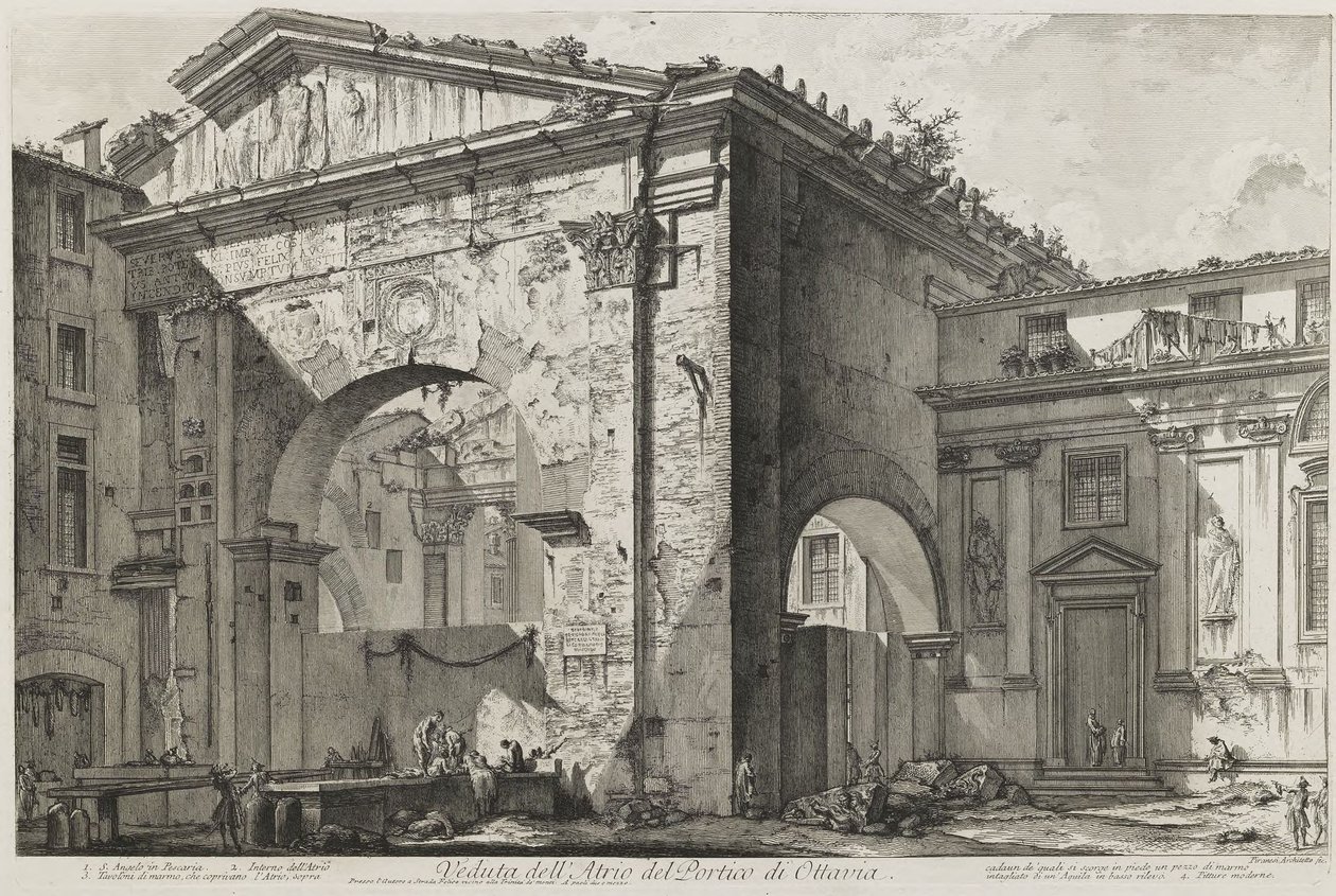 Udsigt over forhallen til Ottavias portik (Ottavias portik: Indgangsportalen, udvendigt) af Giovanni Battista Piranesi