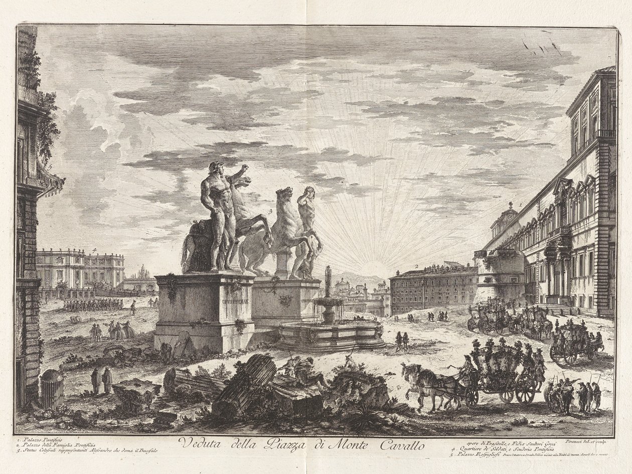 Udsigt over Piazza di Monte Cavallo (Udsigt over Piazza di Monte Cavallo [nu Piazza del Quirinale med Quirinalpaladset]), fra Vedute di Roma (Udsigt over Rom) af Giovanni Battista Piranesi
