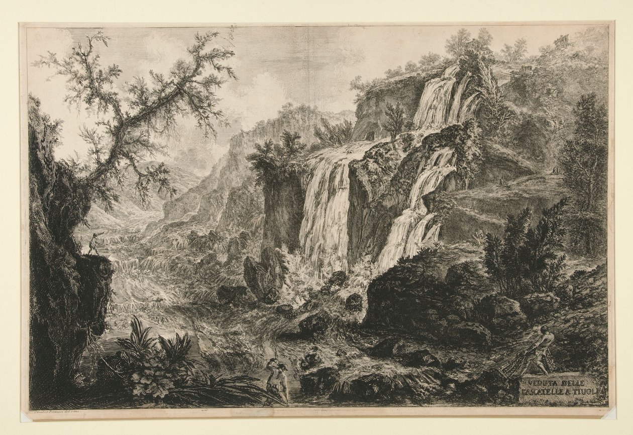 Udsigt over de små vandfald i Tivoli fra Vedute di Roma af Giovanni Battista Piranesi