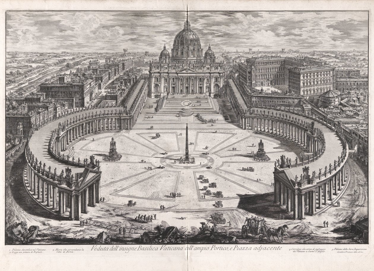 Udsigt over den berømte Vatikanbasilika med dens rummelige portiko og tilstødende plads, fra Vedute di Roma (Udsigter over Rom) af Giovanni Battista Piranesi