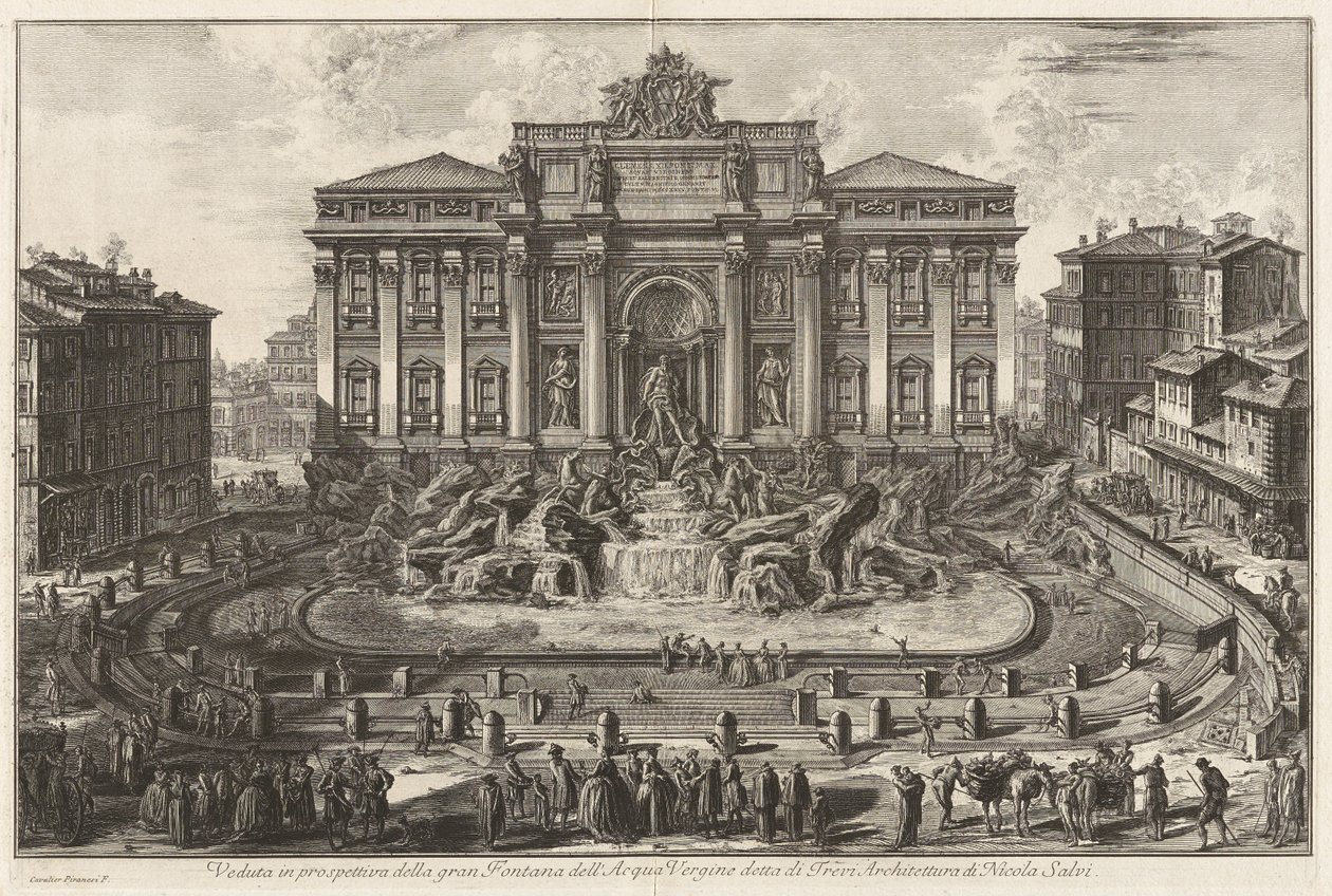 Perspektivisk udsigt over den store fontæne ved Acqua Vergine, kaldet Trevi-fontænen, arkitektur af Nicola Salvi, fra Vedute di Roma af Giovanni Battista Piranesi