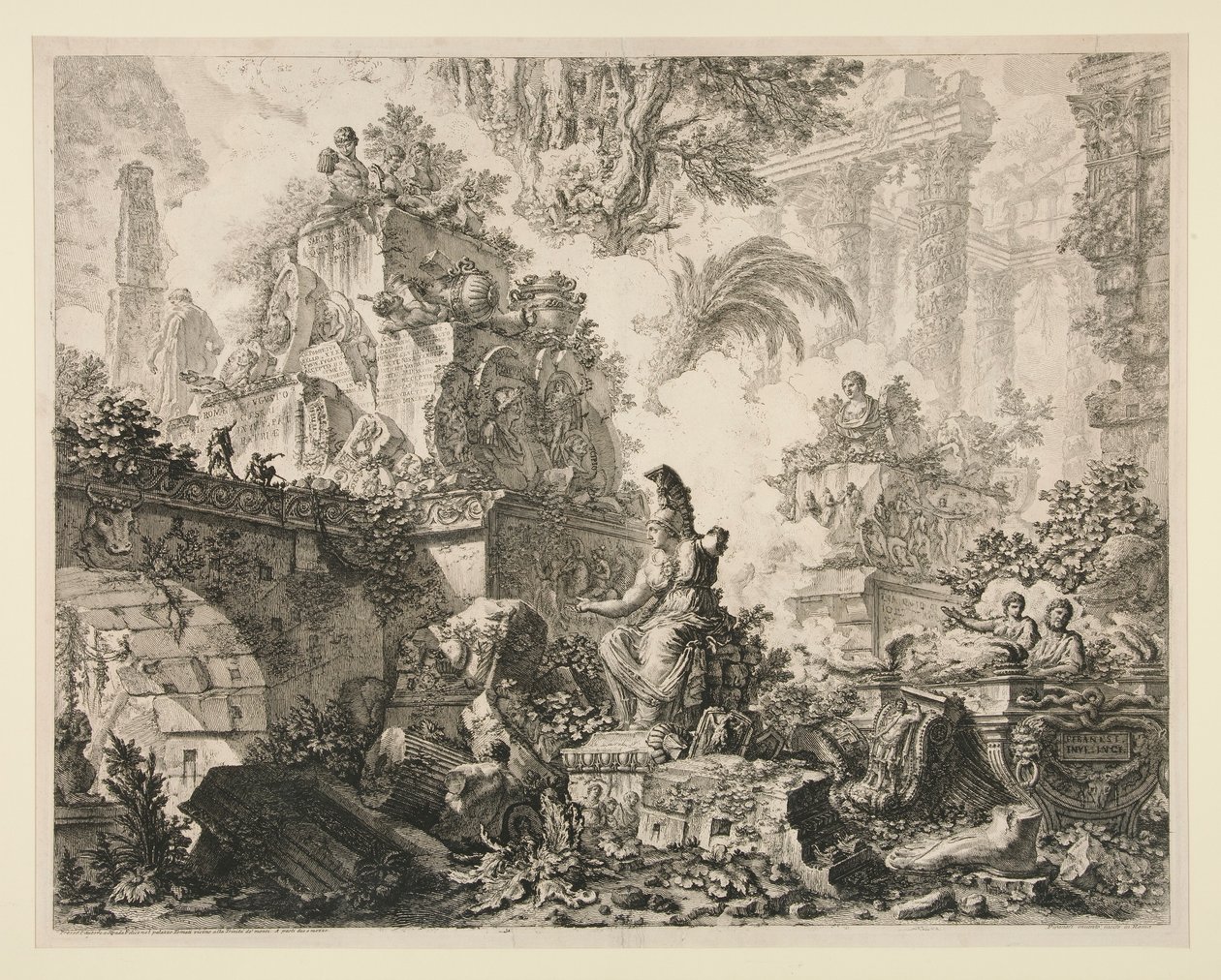 Udsigt over Rom: Frontispice med statue af Minerva af Giovanni Battista Piranesi