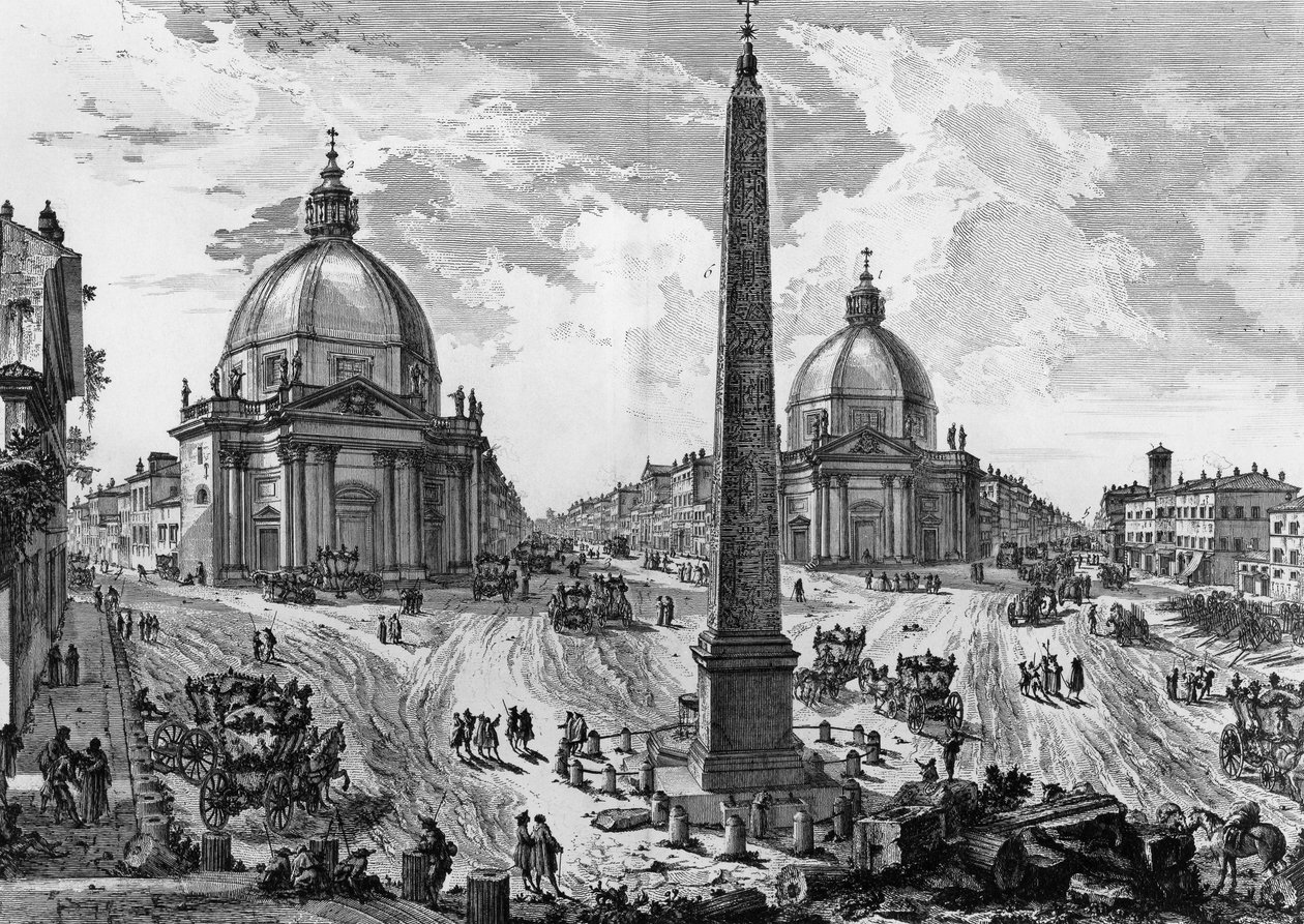 Udsigt over Piazza del Popolo i Rom, gravering af Giovanni Battista Piranesi (1720-1778), fra romerske oldsager af Giovanni Battista Piranesi