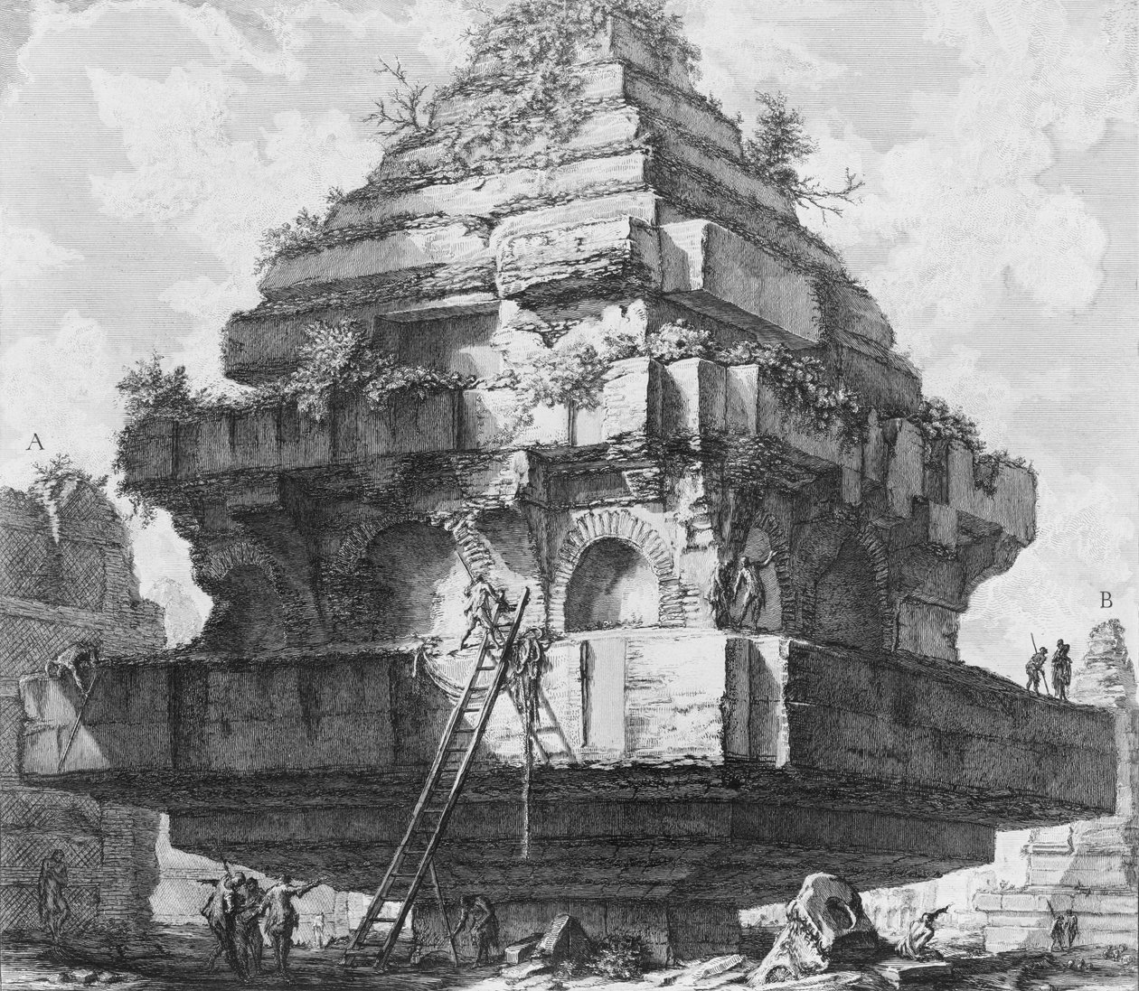 Udsigt over en stor struktur, rester af Metelli-graven på Appian Way..., 1756-57. af Giovanni Battista Piranesi