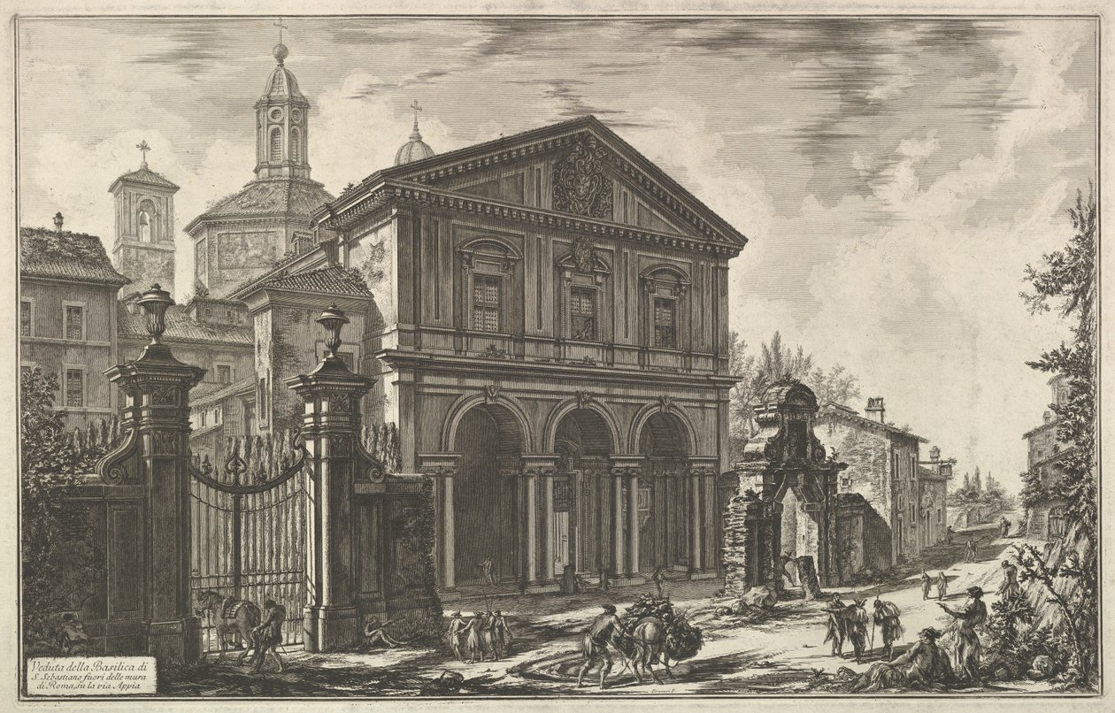 Udsigt over basilikaen San Sebastiano fuori delle mura [Sankt Sebastian uden for murene] på Via Appia, fra Vedute di Roma (Romerske udsigter) af Giovanni Battista Piranesi