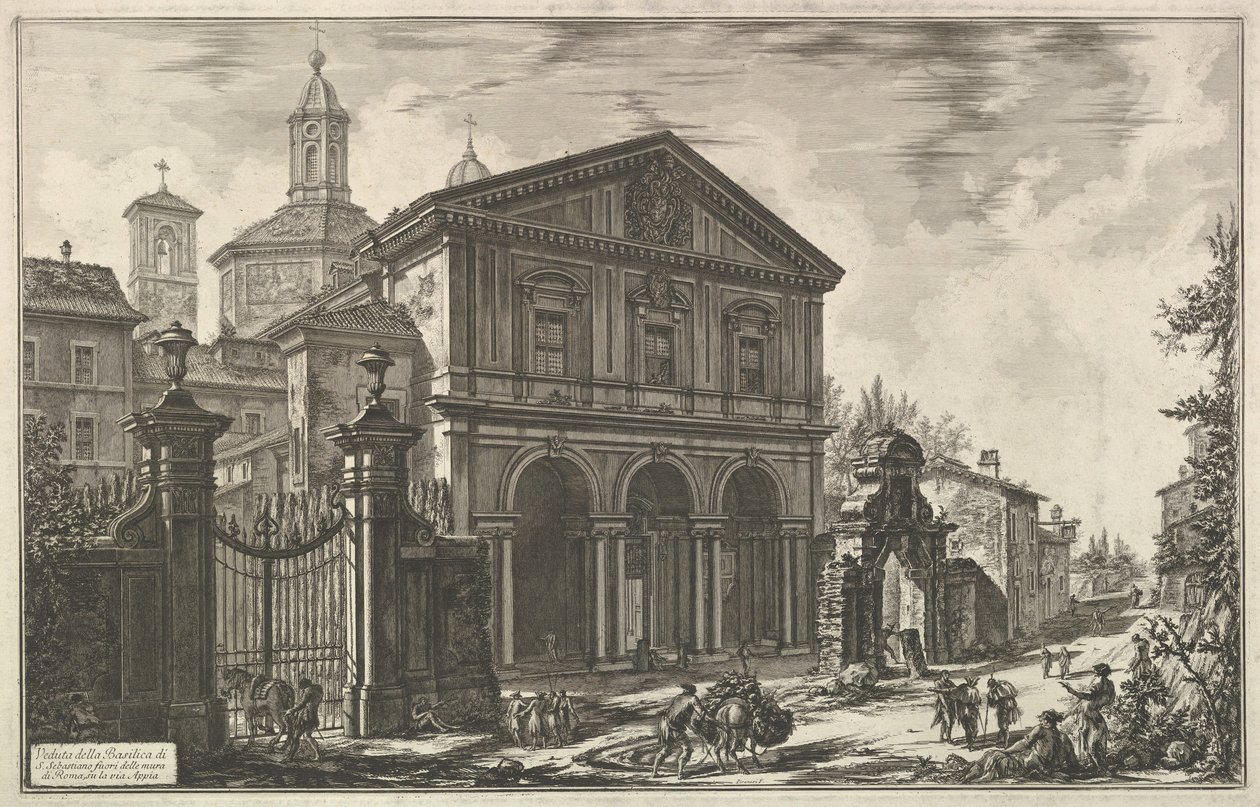 Udsigt over basilikaen San Sebastiano uden for murene [St. Sebastian udenfor Muren ..., ca. 1750. af Giovanni Battista Piranesi